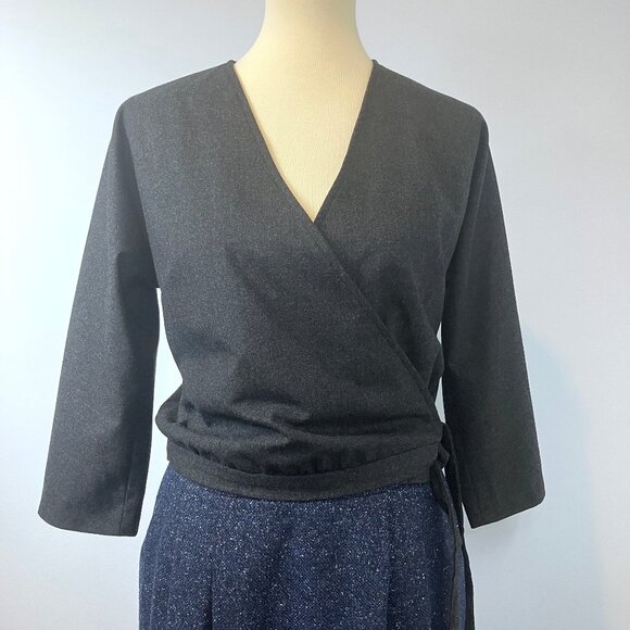 Harvey Faircloth Gray Wool Wrap Blouse Tie Cropped Jacket Top 8 Medium Work - Picture 2 of 10